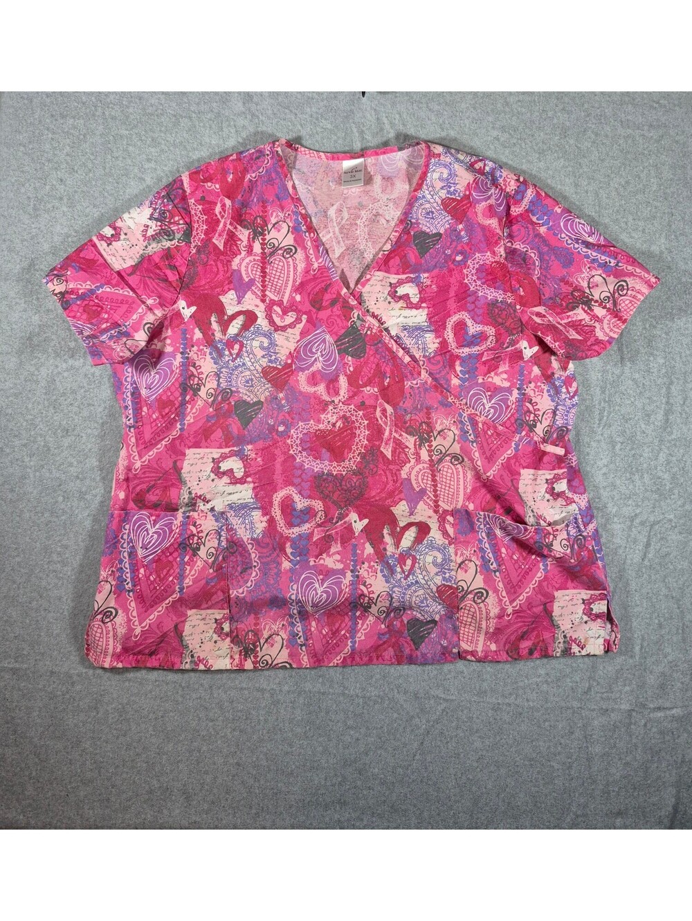 Movie Star 3X Pink Heart Ribbon Print Scrub Top
